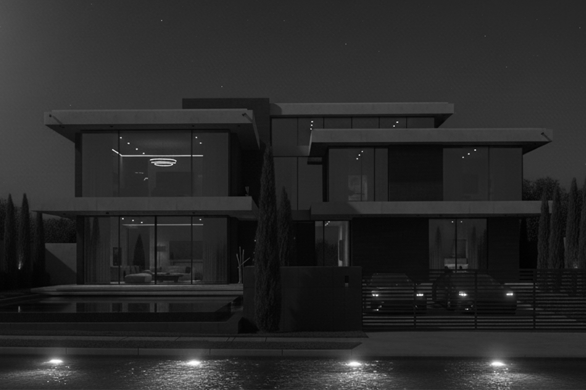 Residência de luxo aparentemente desocupada, representando vulnerabilidade patrimonial.