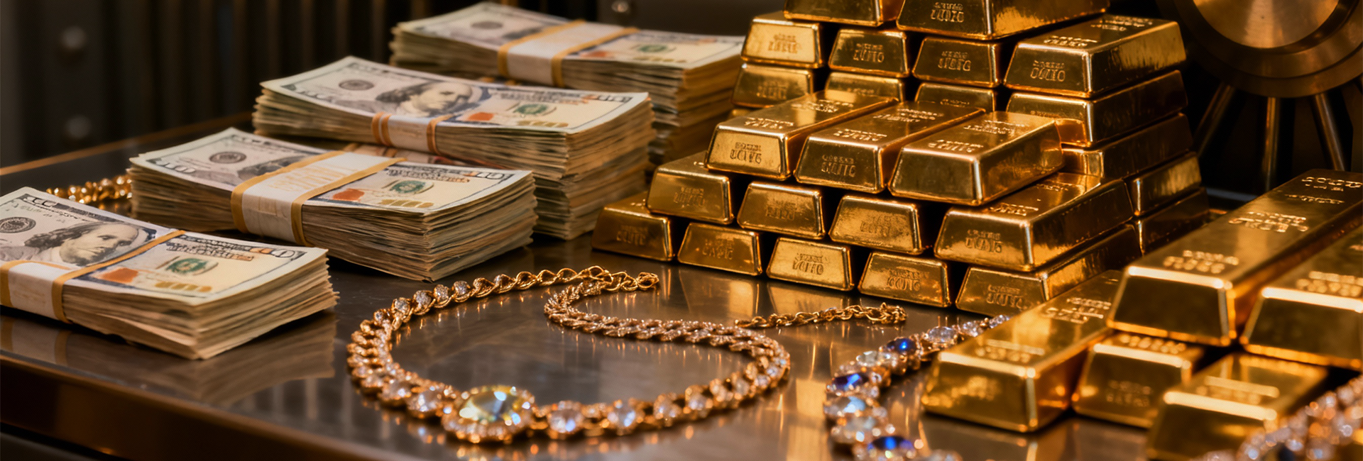 Itens de valor, como ouro, joias e dinheiro, guardados em cofre de segurança profissional.