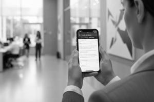 ALT TEXT - Pessoa pesquisando “cofre em banco” no celular, representando a busca por alternativas de aluguel de cofre em São Paulo]