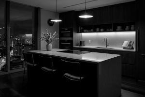 Casa vazia em São Paulo: cozinha residencial vazia, simbolizando silêncio e previsibilidade durante uma ausência prolongada.