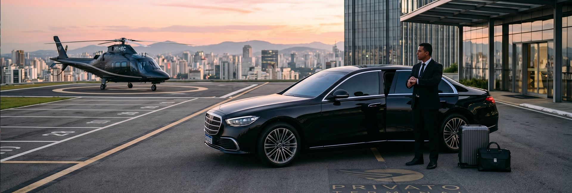 Carro executivo em heliponto simbolizando integração logística premium e baixo atrito