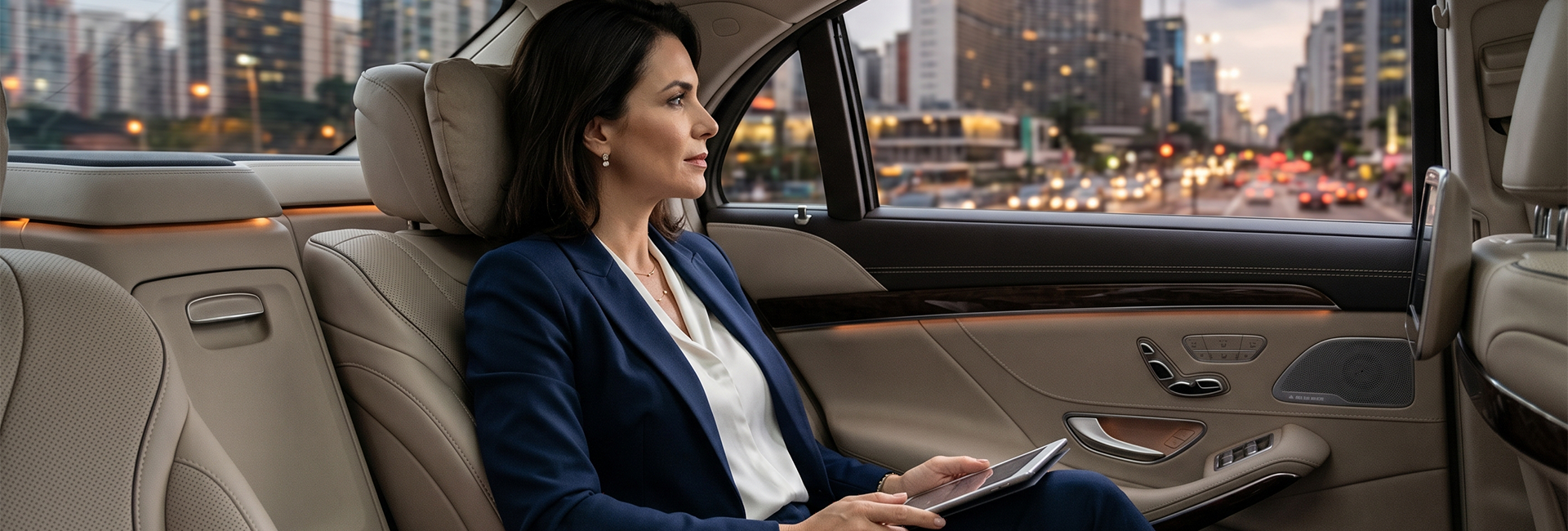Interior de carro executivo com envelope opaco simbolizando rotina intensa e necessidade de reduzir exposição patrimonial em São Paulo